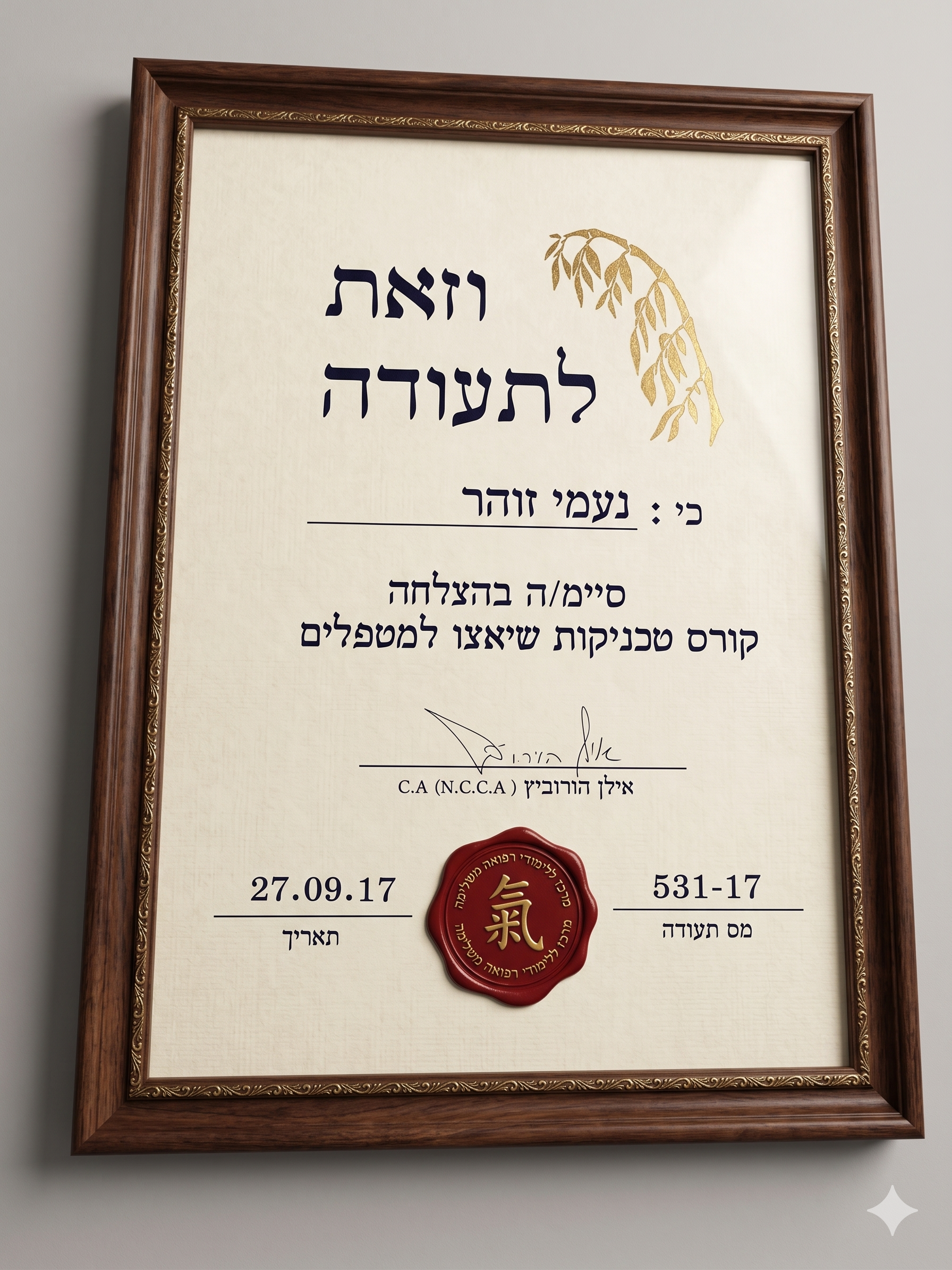 תעודת הסמכה — נעמי זוהר